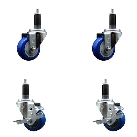 Service Caster 3'' Blue Poly Wheel Swivel 1-1/8'' Expanding Stem Caster Set 2 Brakes, 4PK SCC-EX20S314-PPUB-BLUE-2-TLB-2-118